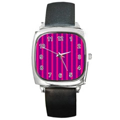 Deep Pink And Black Vertical Lines Square Metal Watch by Amaryn4rt