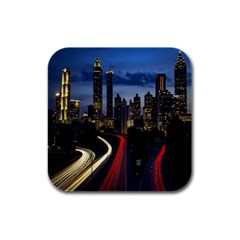 Building And Red And Yellow Light Road Time Lapse Rubber Square Coaster (4 Pack)  by Nexatart