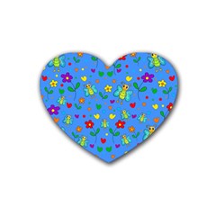 Cute Butterflies And Flowers Pattern - Blue Rubber Coaster (heart)  by Valentinaart
