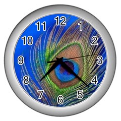 Blue Peacock Feather Wall Clocks (silver)  by Amaryn4rt