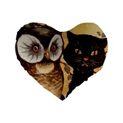 Owl And Black Cat Standard 16  Premium Flano Heart Shape Cushions by Nexatart