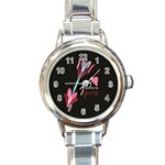 My Heart Points To Yours / Pink and Blue Cupid s Arrows (black) Round Italian Charm Watch