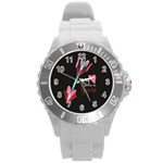 My Heart Points To Yours / Pink and Blue Cupid s Arrows (black) Round Plastic Sport Watch (L)
