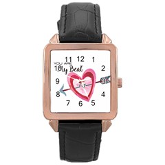 You Are My Beat / Pink And Teal Hearts Pattern (white)  Rose Gold Leather Watch 