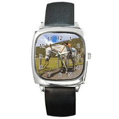 White Horse Tied Up At Cotopaxi National Park Ecuador Square Metal Watch by dflcprints