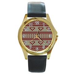 Stitched Seamless Pattern With Silhouette Of Heart Round Gold Metal Watch by Amaryn4rt