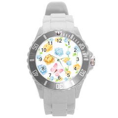 Rose Flower Floral Blue Yellow Gold Butterfly Animals Pink Round Plastic Sport Watch (l) by Alisyart