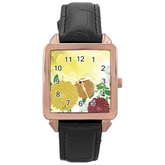 Abstract Flowers Sunflower Gold Red Brown Green Floral Leaf Frame Rose Gold Leather Watch  by Alisyart