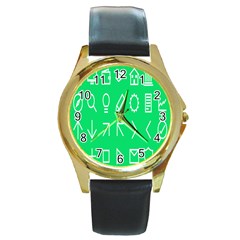 Icon Sign Green White Round Gold Metal Watch by Alisyart