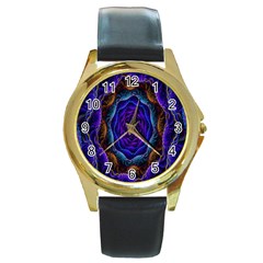Flowers Dive Neon Light Patterns Round Gold Metal Watch by Simbadda
