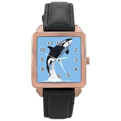 Whale Animals Sea Beach Blue Jump Illustrations Rose Gold Leather Watch 
