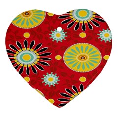 Sunflower Floral Red Yellow Black Circle Heart Ornament (two Sides) by Alisyart