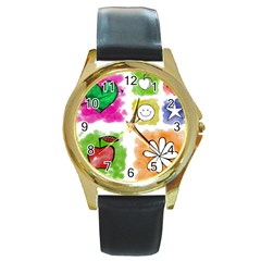 A Set Of Watercolour Icons Round Gold Metal Watch by Amaryn4rt