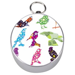 Birds Colorful Floral Funky Silver Compasses