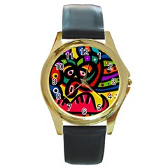 A Seamless Crazy Face Doodle Pattern Round Gold Metal Watch by Amaryn4rt