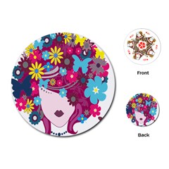 Floral Butterfly Hair Woman Playing Cards (round)  by Alisyart