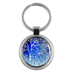 Winter Blue Moon Fractal Forest Background Key Chains (round)  by Simbadda