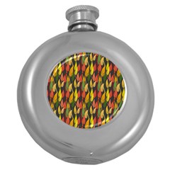 Colorful Leaves Yellow Red Green Grey Rainbow Leaf Round Hip Flask (5 Oz)