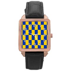 Flag Plaid Blue Yellow Rose Gold Leather Watch  by Alisyart
