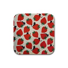 Fruit Strawberry Red Black Cat Rubber Square Coaster (4 Pack) 