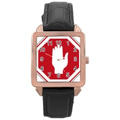 Road Sign Stop Hand Finger Rose Gold Leather Watch 