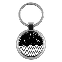 Black And White Waves And Stars Abstract Backdrop Clipart Key Chains (round)  by Simbadda