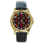 Leaves Pattern Background Round Gold Metal Watch