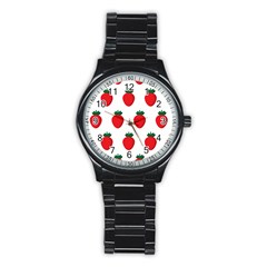 Fruit Strawberries Red Green Stainless Steel Round Watch by Mariart
