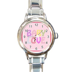 Pink Baby Love Text In Colorful Polka Dots Round Italian Charm Watch by Simbadda