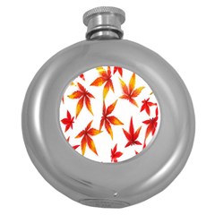 Colorful Autumn Leaves On White Background Round Hip Flask (5 Oz)