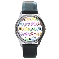 Rainbow Colors Bright Colorful Bicycles Wallpaper Background Round Metal Watch by Simbadda