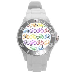 Rainbow Colors Bright Colorful Bicycles Wallpaper Background Round Plastic Sport Watch (l) by Simbadda