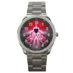 Illuminated Red Hear Red Heart Background With Light Effects Sport Metal Watch by Simbadda