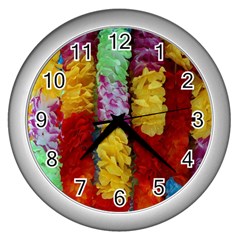 Colorful Hawaiian Lei Flowers Wall Clocks (silver)  by Simbadda