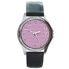 Chevron Wave Purple White Round Metal Watch