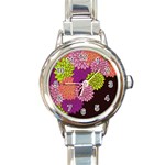 Floral Card Template Bright Colorful Dahlia Flowers Pattern Background Round Italian Charm Watch