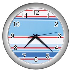 Navy Blue White Red Stripe Blue Finely Striped Line Wall Clocks (silver)  by Mariart
