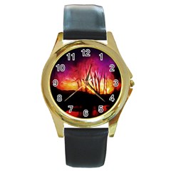 Fall Forest Background Round Gold Metal Watch by Nexatart