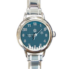 Blue Snowflakes Christmas Trees Round Italian Charm Watch by Mariart