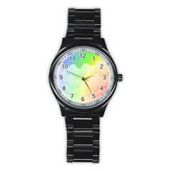 Cloud Blue Sky Rainbow Pink Yellow Green Red White Wave Stainless Steel Round Watch by Mariart