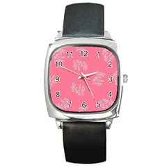 Branch Berries Seamless Red Grey Pink Square Metal Watch