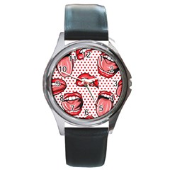 Lipstick Lip Red Polka Dot Circle Round Metal Watch by Mariart