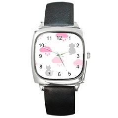 Raining Cats Dogs White Pink Cloud Rain Square Metal Watch by Mariart