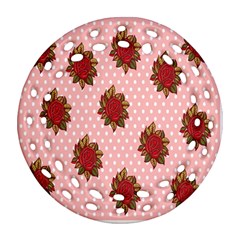 Pink Polka Dot Background With Red Roses Round Filigree Ornament (two Sides) by Nexatart
