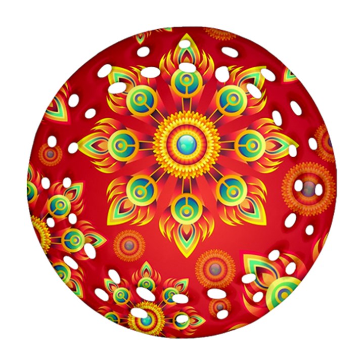 Red and Orange Floral Geometric Pattern Round Filigree Ornament (Two Sides)
