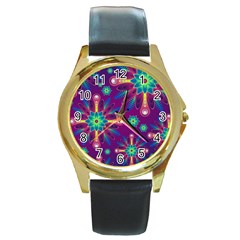 Purple And Green Floral Geometric Pattern Round Gold Metal Watch by LovelyDesigns4U
