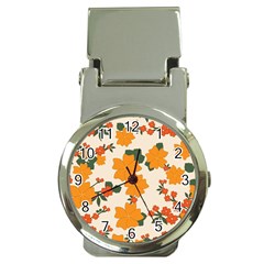 Vintage Floral Wallpaper Background In Shades Of Orange Money Clip Watches by Nexatart