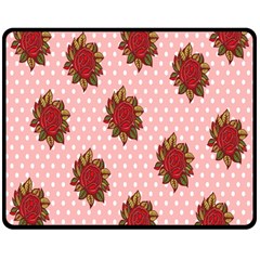 Pink Polka Dot Background With Red Roses Double Sided Fleece Blanket (medium) 