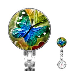 Blue Spotted Butterfly Art In Glass With White Spots Stainless Steel Nurses Watch by Nexatart