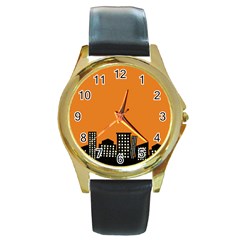 City Building Orange Round Gold Metal Watch